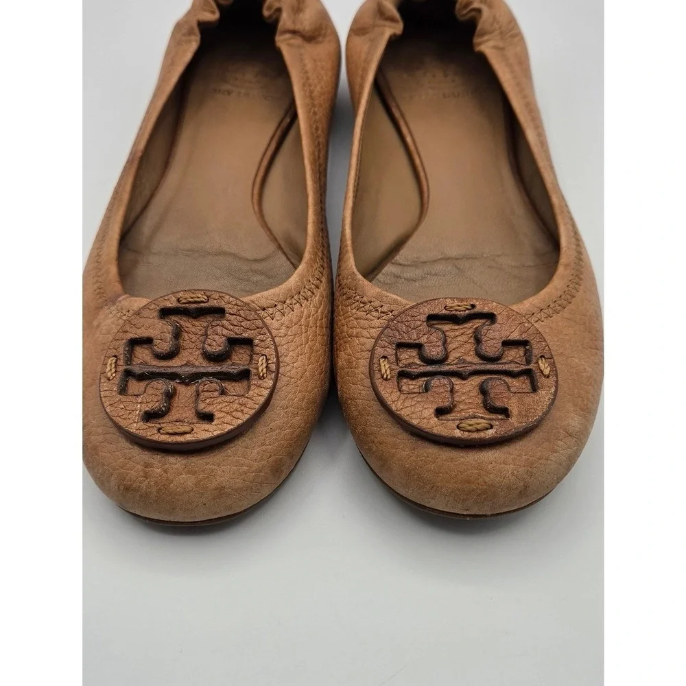 Tory Burch Reva Women Flats Sz 7 Tan Tumbled Leather Ballet Logo